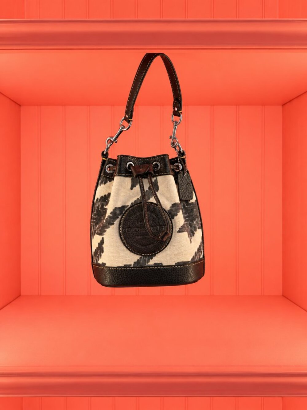 Coach Brown & Cream Floral Drawstring Bucket Bag